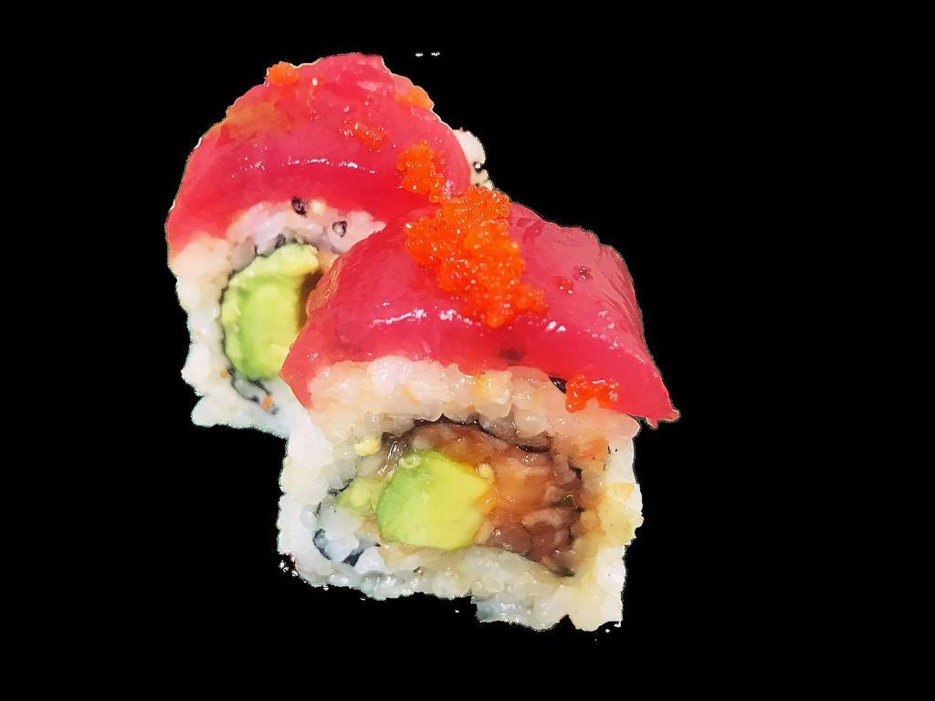 Red Dragon Roll · Spicy seafood mix and avocado topped with tuna, masago and eel sauce.