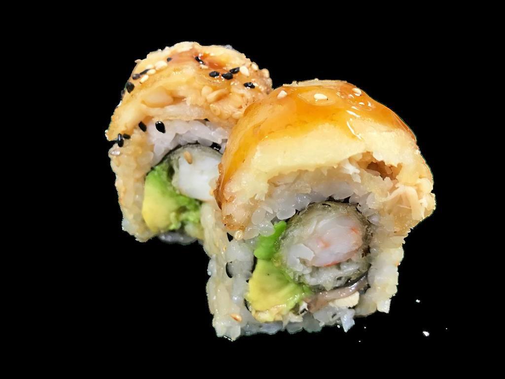 Samu Roll · Shrimp tempura, eel and avocado topped with tempura flounder and eel sauce.