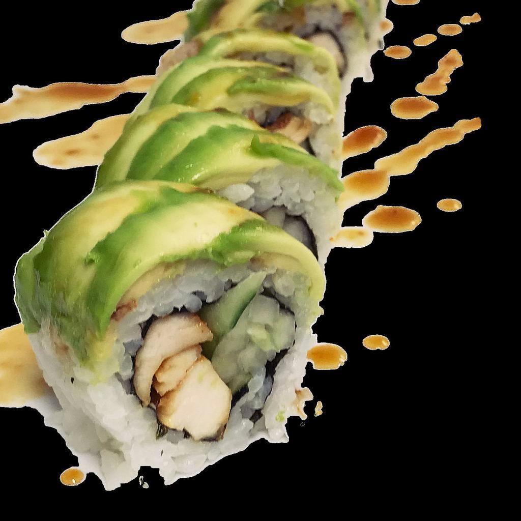 Teriyaki Chicken Roll · Grilled chicken breast with teriyaki sauce and cucumbers topped with avocado and splashed with eel sauce.