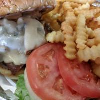 Bacon Mushroom Swiss Burger Plate · Fries, cheese, lettuce, tomatoes, onion, pickles, chipotle sauce.
