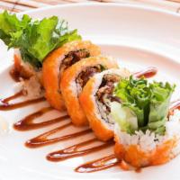 Fried Oyster Roll · Fried oyster and romaine lettuce inside, masago and tonkatsu sauce on the outside. 