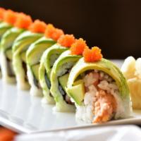 Dragon Roll · Shrimp tempura, crabstick and cucumber inside. Avocado and masago on the outside. 
