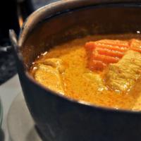Lunch Yellow Curry · Simmered in yellow curry sauce with potato and onion. Chicken or tofu. Hot and spicy.  