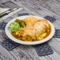 Rafa's Burrito · Big burrito filled with ground beef, lettuce, charro beans, and pico de gallo covered with h...