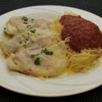 Chicken Saltimbocca · Newly Improved! Pan seared chicken breast with seasoned prosciutto ham and mozzarella cheese...