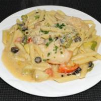 Chicken Scarpiello · Pan seared chicken breast sauteed in a white wine sauce with penne pasta, tomatoes, green pe...
