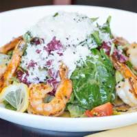 Shrimp Salad · Pan-fried shrimp, mix leaves salad, garlic, soy sauce, cherry tomato, lemon, Parmesan, black...