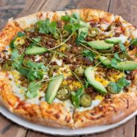 El Evaristo Specialty Pizza · Black bean and corn salsa, chorizo, diced jalapenos, cheddar, mozzarella, avocado, and cilan...