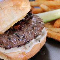 Dutch Burger · Red wine-simmered herbed balsamic onion jam, melted bone marrow butter, Dijonnaise and smoke...