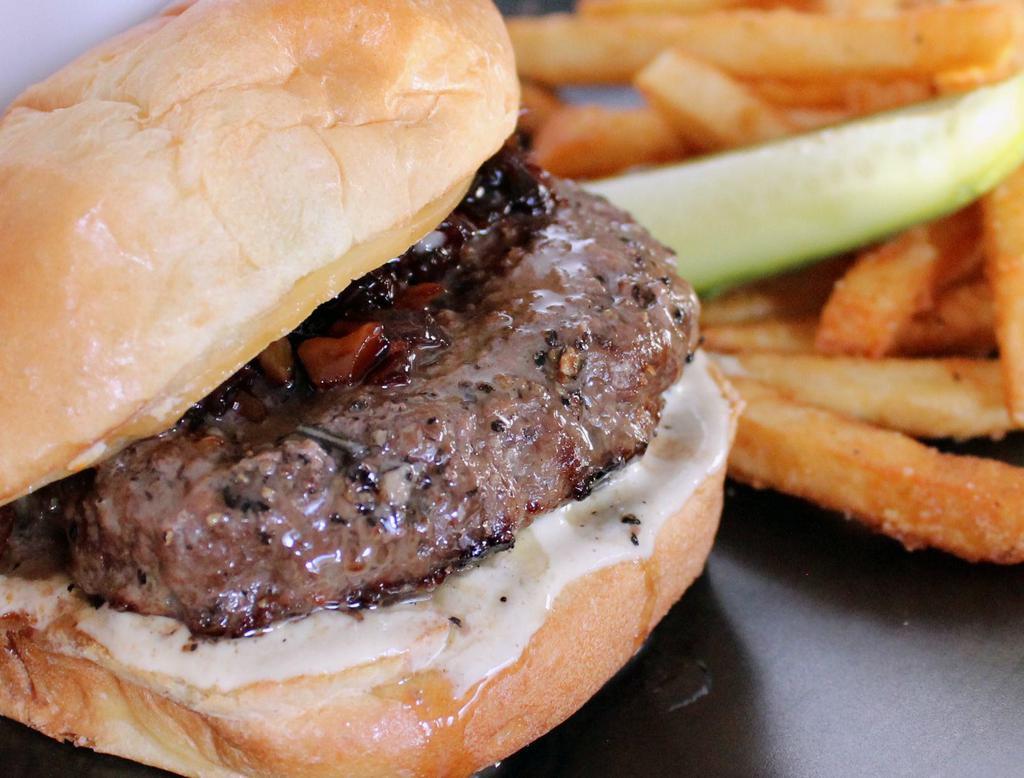 Dutch Burger · Red wine-simmered herbed balsamic onion jam, melted bone marrow butter, Dijonnaise and smokey Gouda 