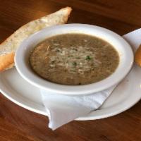 Creamy Mushroom Soup (Bowl) · made from scratch with fresh mushrooms and served with garlic crostinis