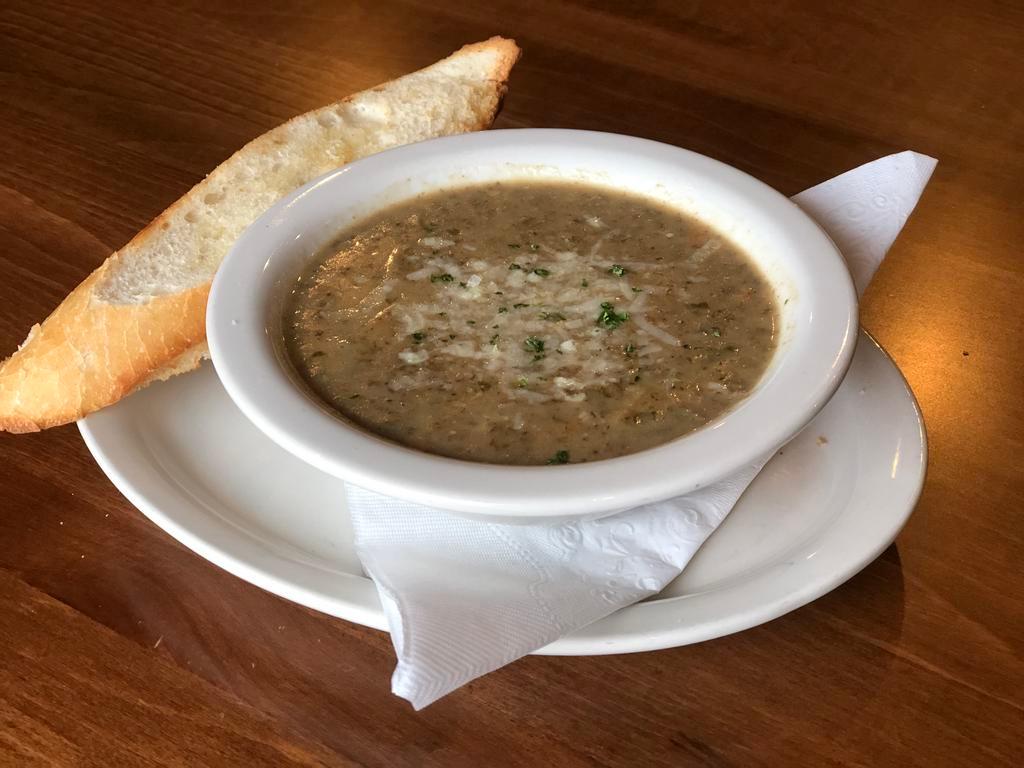 Creamy Mushroom Soup (Bowl) · made from scratch with fresh mushrooms and served with garlic crostinis