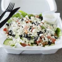 Greek Salad with Feta · Tomatoes, cucumbers, red onions, green olives, green peppers, feta cheese and black olives.