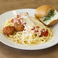Spaghetti with Meatballs · Spaghetti noodles in sauce with melted mozzarella served with 3 meatballs and a side of garl...