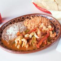 Camarones Rancheros · Bell pepper, onions, tomatoes, cilantro, in special sauce with rice and beans  Corn or flour...