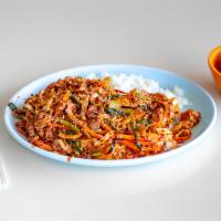 Spicy Chicken · Hot spicy chicken stir fried with vegetables served with rice. 
