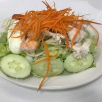House Salad · shrimp, chicken, hard boiled egg, lettuce, tomatoes, cucumber with peanut dressing