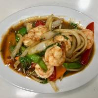 Pad Kapraw · Hot Thai basil. Choice of meat sauteed with Thai basil in hot pepper and garlic.