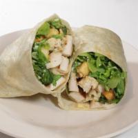 Chicken Caesar Wrap · Chicken breast with romaine lettuce, Parmesan cheese, crispy croutons and creamy Caesar dres...