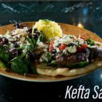 Kefta Sandwich Lunch · Spiced ground beef. Two marinated patties over a fresh pita.