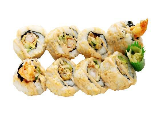Spicy Crunchy Maki · 8 pieces. Made with avocado, cucumber, shrimp tempura, and tempura chips with spicy sauce.