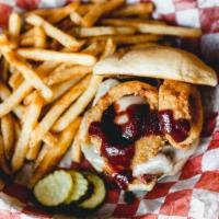 Chicken Z Sandwich · Pulled chicken, BBQ mayo, onion rings, smoked provolone, BBQ sauce, toasted bun.