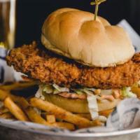 Fried Chicken Sandwich · Seasoned our dusted, pickle brined chicken breast, BBQ mayo, pickles, shredded lettuce, BBQ ...