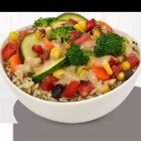 Veggie Bowl · Steamed veggies, garlic sauce, corn bean relish, cilantro lime rice, pico de gallo.
