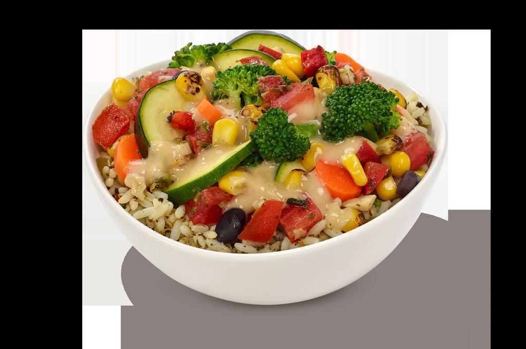 Veggie Bowl · Steamed veggies, garlic sauce, corn bean relish, cilantro lime rice, pico de gallo.