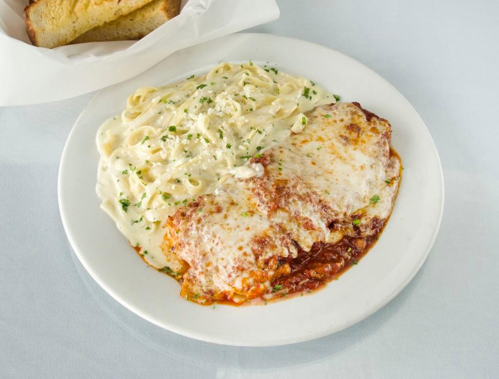 Etna's Famous Trio · Chicken parmigiana, lasagna bolognese and our classic fettuccine Alfredo. Served with your choice of pasta and soup or salad. Includes garlic bread.