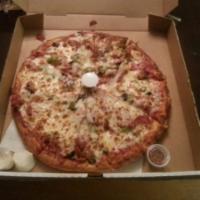 The Works Pizza · Black olives, green peppers, pepperoni, mushrooms, white onions, salami, sausage, and mozzar...