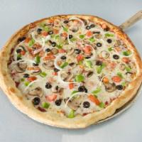 Vegetarian Feast Pizza · Fresh tomatoes, black olive, red and green peppers, mushrooms, red onions, and mozzarella wi...