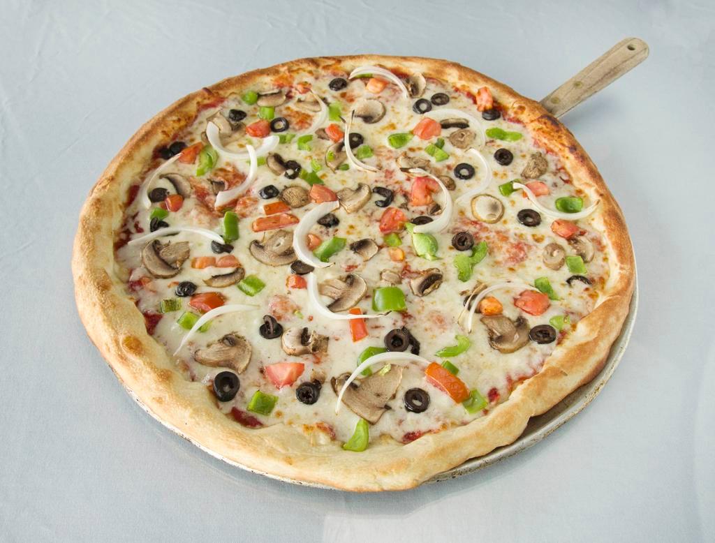 Vegetarian Feast Pizza · Fresh tomatoes, black olive, red and green peppers, mushrooms, red onions, and mozzarella with our classic pizza sauce.