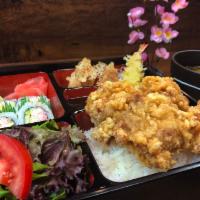 Chicken Karaage Bento Box · Sanuki's own blend of ginger, soy, and spices - Tender and Juicy Batter Fried Pieces of Chic...