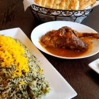Baghali Polo with Lamb Shank · Basmati rice cooked with beans and dill over lamb shank.
