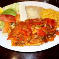 Filete a la Talla · Tender grilled tilapia filet topped with sauteed secret sauce onions, red peppers, green pep...