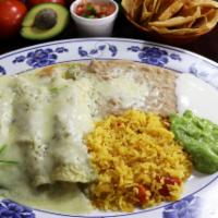 Enchiladas Verdes · 3 rolled corn tortilla filled with your choice of meat topped with our tasty homemade green ...