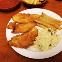 Platillo Para Niños #2 · Tender and crispy fried chicken and fries with white rice.