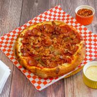 Meatatarian Pizza · Pepperoni, sausage, meatball, linguica, ham, bacon and mozzarella.