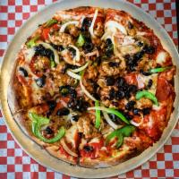 The Works Pizza · Pepperoni, ham, sausage, mushroom, black olive, green pepper, onion, mozzarella.
