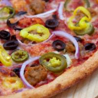 Hot Link Pizza · Italian sausage, banana peppers, jalapenos, black olives, red onions, mozzarella and spicy r...
