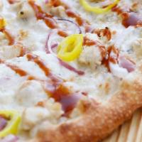 BBQ Chkn Pizza · Grilled chicken, mozzarella, red onion, banana peppers, Gorgonzola and BBQ sauce drizzle.