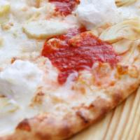 Art Lover Pizza · Artichokes, mozzarella, ricotta, chopped garlic and red sauce dollops.