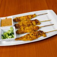 A3.  Chicken Satay · 4 pieces. Chicken breast marinated in house spices, skewered and grilled served with peanut ...