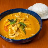 C1. Red Curry · Red curry paste, bamboo, bell peppers and basil leaves in creamy coconut milk.