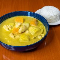 C3. Yellow Curry · Yellow curry paste, potatoes, sweet potatoes, onions and pineapple in creamy coconut milk.