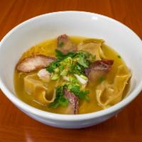 N8. Wonton and Egg Noodle Soup · Flavorful pork broth with BBQ pork, pork patties, pork wonton and egg noodle topped with fri...