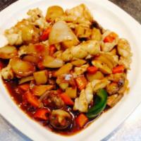 Squid with Hoisin · Sliced squid in hoisin sauce with onion, red pepper, green pepper and mushroom.
