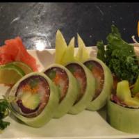Sashimi Roll · Salmon, tuna, yellowtail, crab, avocado, scallion, asparagus, masago wrapped in cucumber in ...