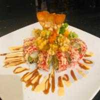 Lobster Roll · Lobster tempura, avocado, asparagus and tempura flake served with eel sauce.